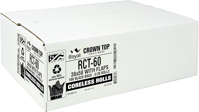 Aluf Plastics RCT-60 Star Sealed Coreless Rolls with E-Z Tie Flap Closure, 60 gal, Polyethylene, 38" x 58", Black (Pack of 100)