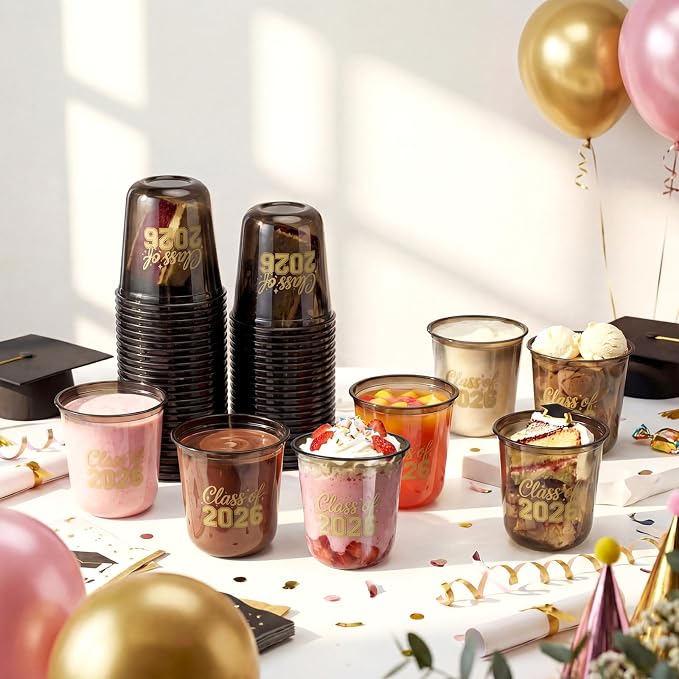 Potchen 50pcs Graduation Cups Class of 2026 12oz Clear Plastic Graduation Party Cups for 2026 Celebration Party Supplies Congrats Grad Tableware Decoration(Black Yellow)