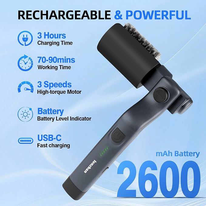 Cordless Electric Grill Brush with Adjustable Angle, 3-Speed Power Motor & Stainless Steel Head - Rechargeable, 90-Min Runtime, Waterproof Grill Cleaner for BBQ Grates & Griddles (Gray)