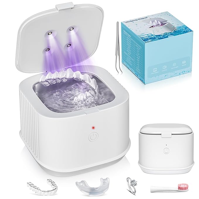 Ultrasonic Retainer Cleaner,50kHz Ultrasonic Denture Cleaner Machine for Aligner, Night guard, Braces, Jewelry and More 300ML Pod(White)