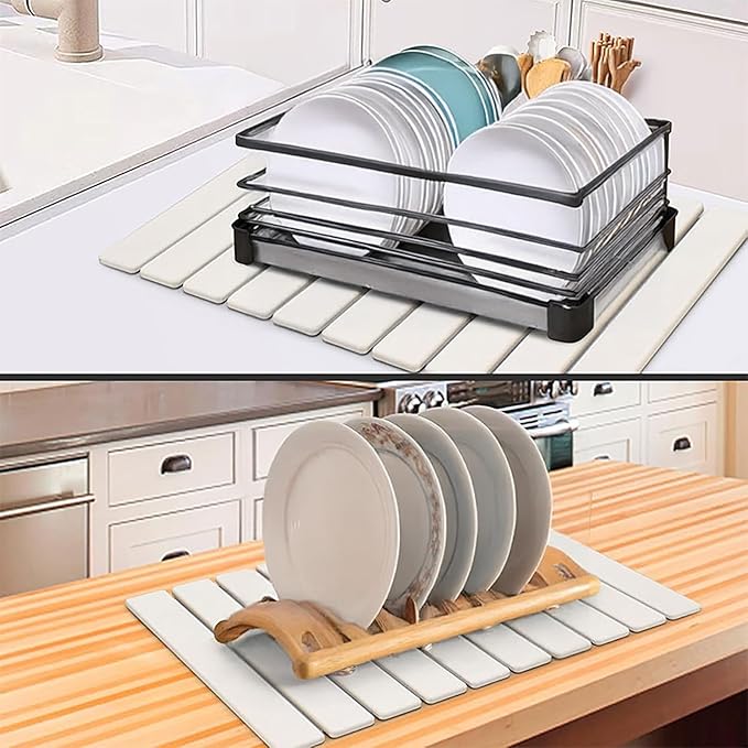 Large Stone Dish Drying Mats for Kitchen Counter, 24"(L)×16"(W) Quick Dry Collapsible Dish Drying Mat, Eco-Friendly Absorbent Diatomaceous Earth Mats for Dishes Bottles Cups, Match Any Countertop