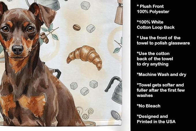 Caroline's Treasures Chocolate and Rust Miniature Pinscher Min Pin Coffee Bar Kitchen Towel Velour Plush Front and Cotton Loop Back Machine Washable