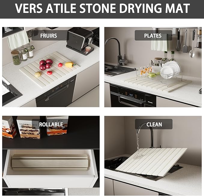 Stone dish drying mats for kitchen counter ，large 23.6"L x 15.4"W foldable diatomite dish stone drying mat, quick dry extra fast absorbent roll up rack, White/Black foldable stone dish drying mat