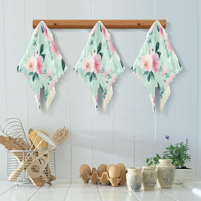Mint Green Peony Flower Kitchen Towels Dish Cloths Set of 6 Microfiber Cleaning Cloths for Cars Super Absorbent Machine