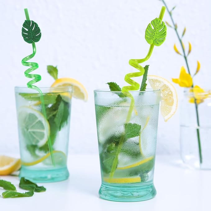 JarThenaAMCS 24Pcs Hawaiian Tropical Straws with 2Pcs Cleaning Brushes Green Palm Leaves Reusable Plastic Straws Summer Drinking Straw for Tropical Beach Pool Party Supplies