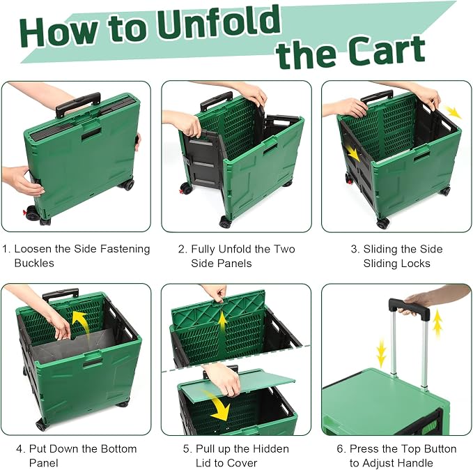 FELICON Folding Utility Cart Rolling Crate Handcart with Durable Heavy Duty Plastic Telescoping Handle Collapsible Hidden Lid 4 Rotate Wheels for Travel Shop Move Office Teacher Use(Dark Green&Black)