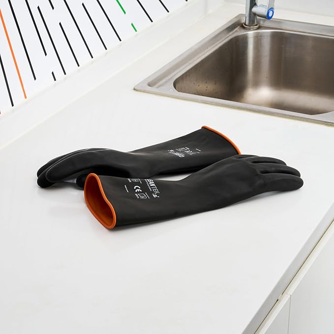 Restaurantware Chemical Resistant Gloves 10 Count 13.78 x 5.906 Inches Rubber Heavy Duty Work Gloves Industrial Slip-Resistant Extra Large Black