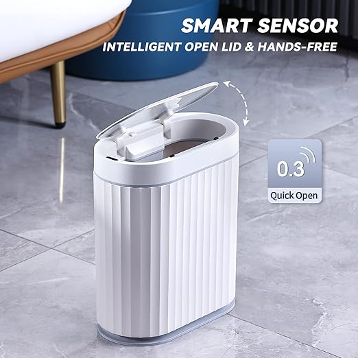 ELPHECO Bathroom Trash can Motion Sensor, AutomaticGarbage can, Slim Plastic Smart Trash Bin with Lid, Commercial Intelligent Wastebaskets for Bedroom, Bathroom, Office, White Grey
