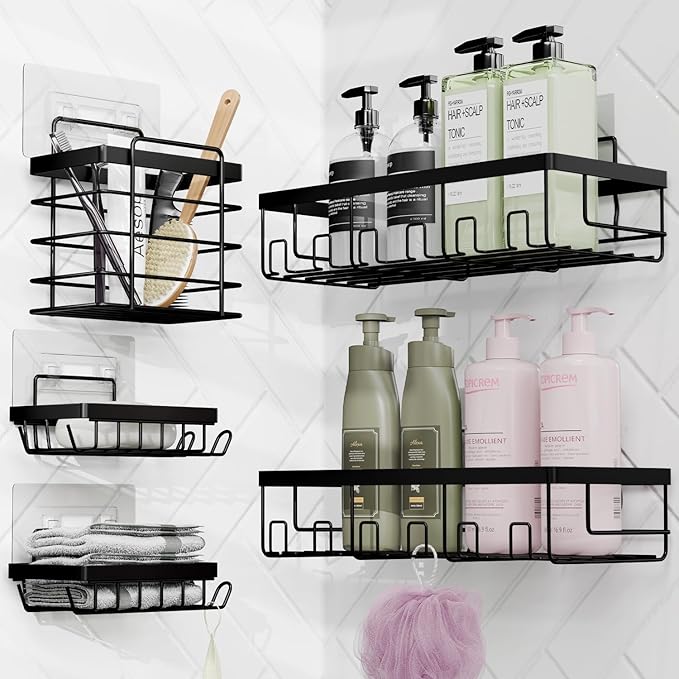 Clara Clark Bathroom Accessories Set - Bathroom Set with Adhesive Corner Shower Caddy Hanging, 25PC Bathroom Accessory Set, Sage Green Shower Curtain Set, Toilet Brush, Trash Can & Soap Dispenser