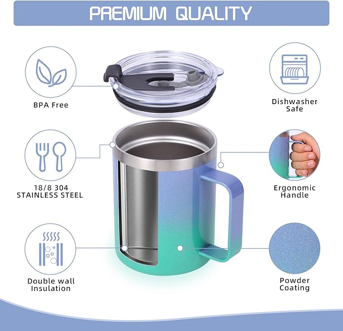 Volhoply 12oz Insulated Leakproof Coffee Mug with Flip & Straw Lid,Double Wall Vacuum Stainless Steel Travel Tumbler Cup with Handle,Reusable Camping Mugs Keep Cold/Hot(Purple Green,1 Set)