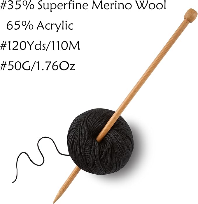6 Balls Merino Wool Yarn, 12-Ply Luxurious and Soft Yarn for Hand Knitting & Crocheting, 1.76 OZ/50g, 120 yds/110 Meters（Black,6 Balls）