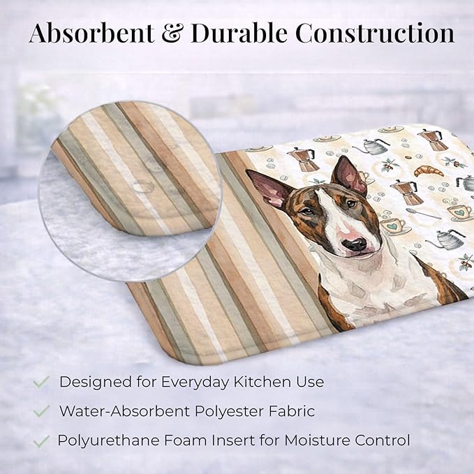 Caroline's Treasures Brindle and White Bull Terrier Coffee Bar Dish Drying Mat Absorbent Dish Drying Mat Pad for Kitchen Counter Dish Drainer Mat for Countertop, 14 x 21", Multicolor