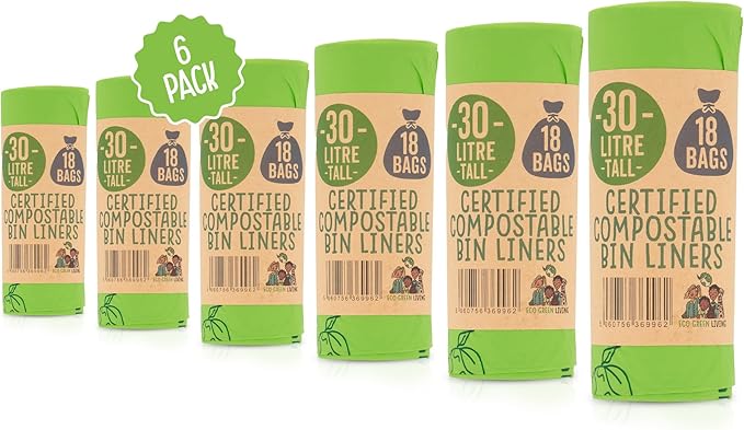 Eco Green Living 100% Compostable Biodegradable Bin Liners 30L Bin Bags For Food Waste, Kitchen Tall Bin Liners, Vegan, Strong, Leakproof, BPA Free, Recyclable, 6 Rolls, 108 Bags