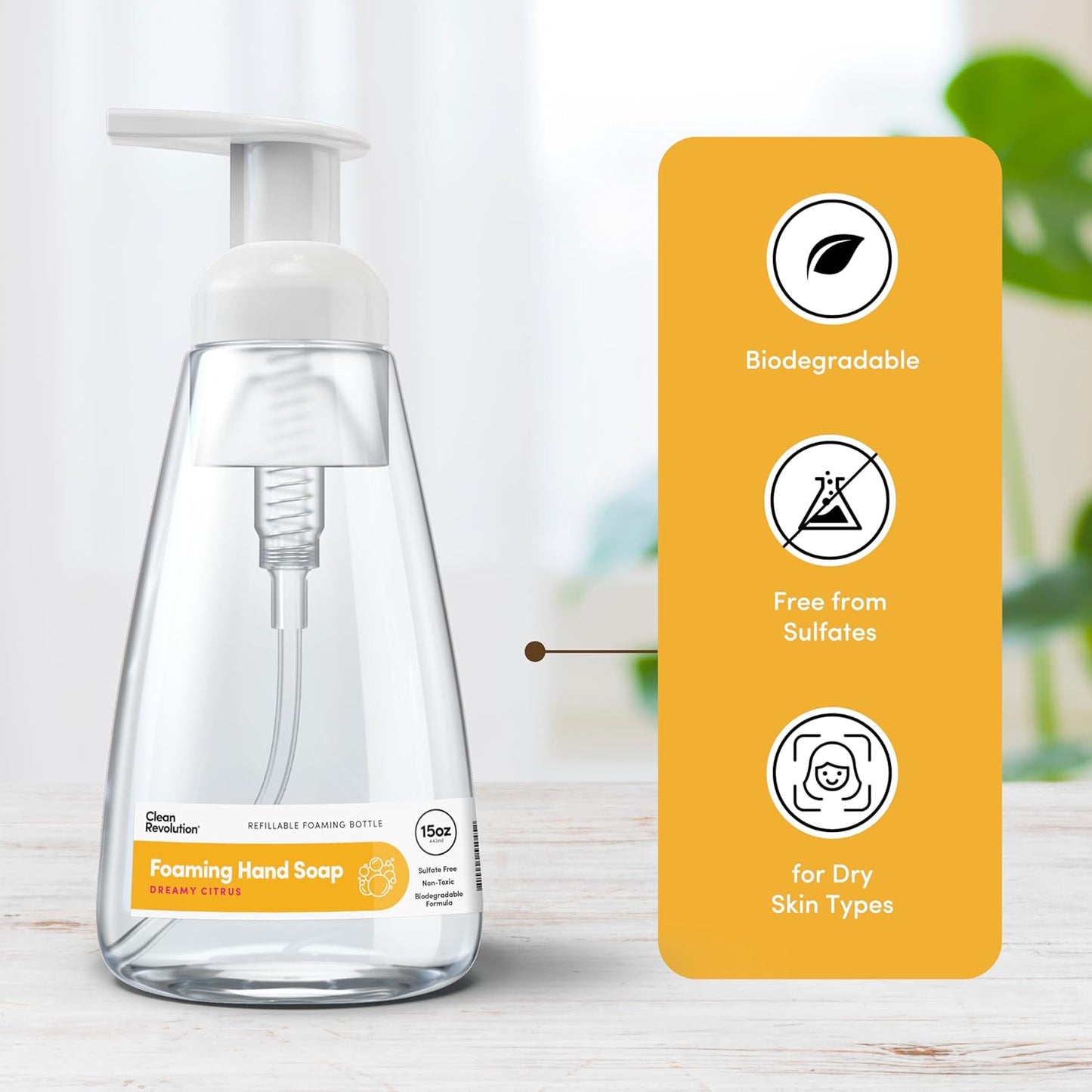 Clean Revolution Ready to Use Foaming Hand Soap | Three Pack | Jumbo 15oz Bottles | Gentle, Moisturizing & Eco-Friendly | Real Essential Oils | Dreamy Citrus, 15 Fl Oz (Pack of 3)