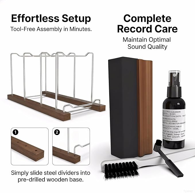Vinyl Record Storage Display Stand, Holds 80 LPs with Record Cleaning Set