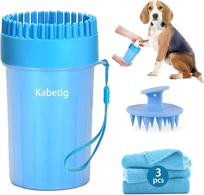 Paw Cleaner for Small/Medium Dogs - Grabs Loose Fur with Top Brush | Clean muddy paws fast. Attached top brush grabs loose fur. No extra tools. Comes with bath brush & 3 towels. Less fur. Blue