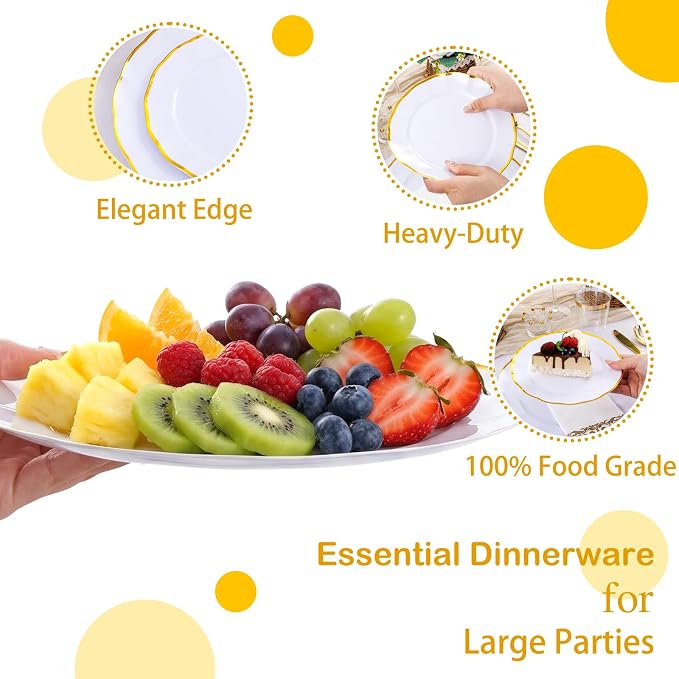 LIYH 350 Pcs White Plates for Wedding Reception Plastic Plates for Party 50 Guest 100 Disposable Plates 150 Gold Plastic Silverware 50 Gold Cups 50 Napkins Perfect for Wedding Birthday