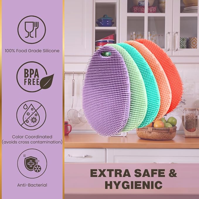 Silicone Sponge Dish Scrubber - Food Grade Silicone Dish Scrubber and Housecleaning - BPA Free Silicone Kitchen Scrubber [5 Pack Ovals Spring]