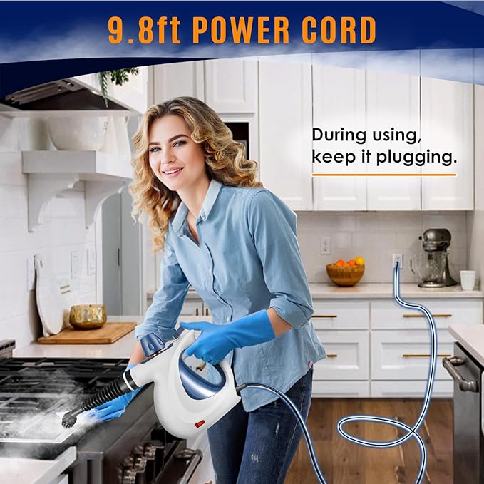 Pressurized Handheld Multi-Surface Natural Steam Cleaner with 12 pcs Accessories, Multi-Purpose Steamer for Home Use, Steamer for Cleaning Floor, Upholstery, Grout and Car (Grey) (White&Blue)