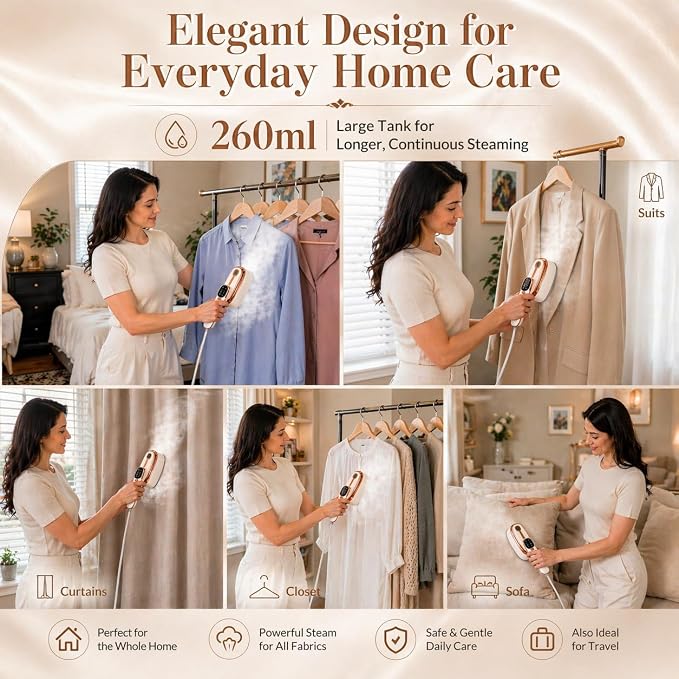 Portable 1500W Handheld Clothes Steamer– 20s Rapid Heat-Up, 17 Steam Vents, 8 One-Touch Fabric Modes, 260 mL Tank for Home, Travel & Business