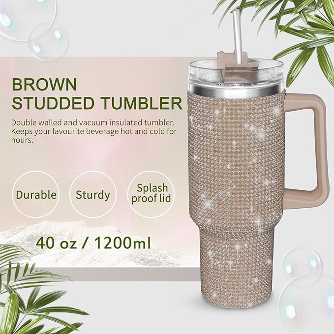 HWISDMIG 40oz Tumbler with Handle-Glitter Rhinestones Tumbler Bling Cups Stainless Steel Water Bottle Diamond Studded Tumbler for Women-Birthday Gifts for Women, Mom, Girlfriend (Brown)