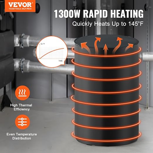 VEVOR Metal Drum Heater, 1300 Watt, Pail Heating Band for 55 Gal Barrel, 0-145℉ Adjustable Thermostat, Waterproof Oxford Fabric High Efficiency Grease Keg Heater, Tested to UL 499 Standard, FCC Listed