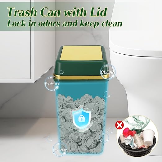 Bathroom Trash Can with Lid 4 Gallon Trash Can with Swing Lid Dark Green Small Garbage Can Bathroom Garbage Can with 150 Counts Trash Bags for Kitchen Bedroom Office