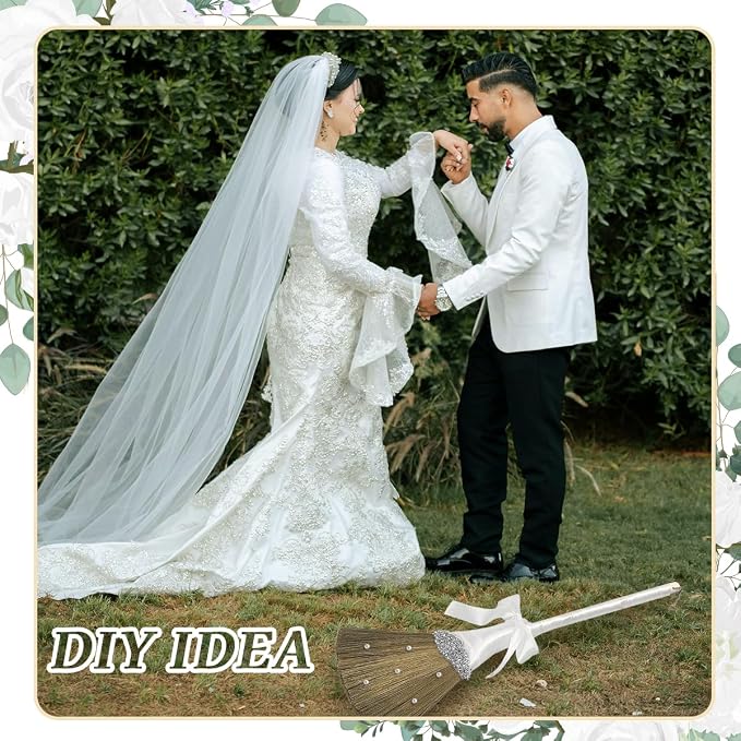 Wedding Brooms for Jumping Ceremony,White Whisk Broom Wedding Broom with White Ribbon and Faux Pearls,Whisk Broom Jumping The Brooms for Wedding DIY Wedding Ceremony Crafts