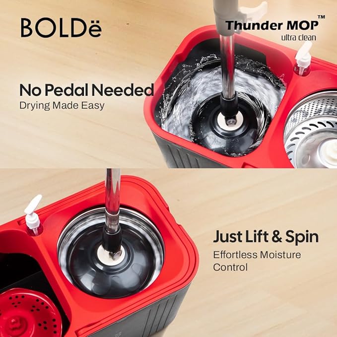 Thunder MOP Spin System - Ultra Clean - Single Bucket Microfiber Head, Stainless Steel Wringer, Antifungal Quick-Dry Cleaning, Soap Dispenser, 3 Free Refills (Black/White)