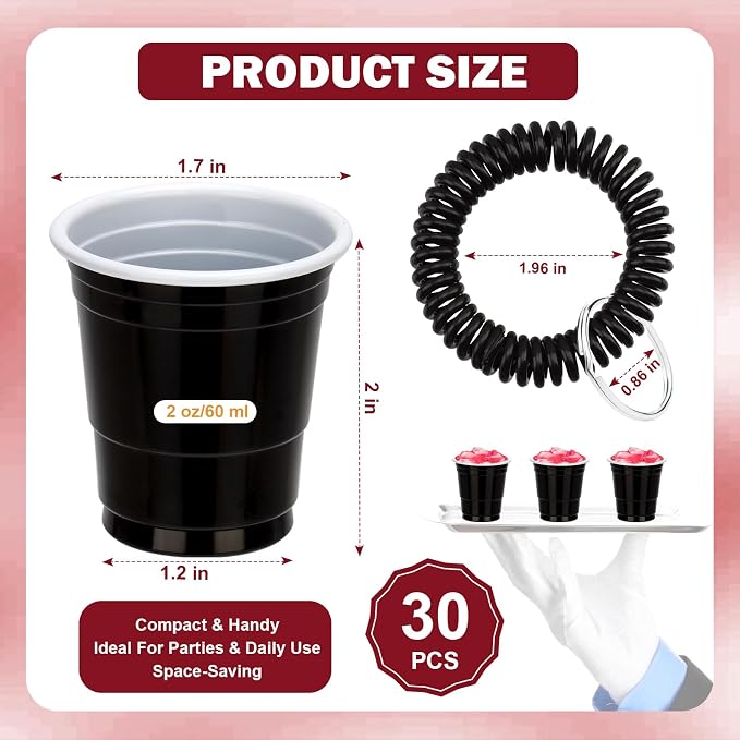30 Pcs Black Shot Cups with Wristband for Party 2oz Plastic Shot Glasses Bulk Disposable Mini Shot Glasses with Bracelet Wear On Solo Cups for Party Beer Sample Taste Serving Graduation Birthday