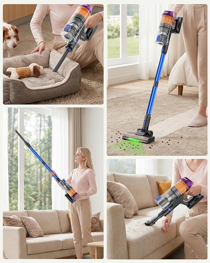 Cordless Vacuum Cleaner, 500W 40KPa 60Mins Vacuum Cleaners for Home, Wireless Vacumm Anti-Tangle Rechargeable Vacuum with Green Light for Pet Hair/Carpet/Hardwood Floor, Blue