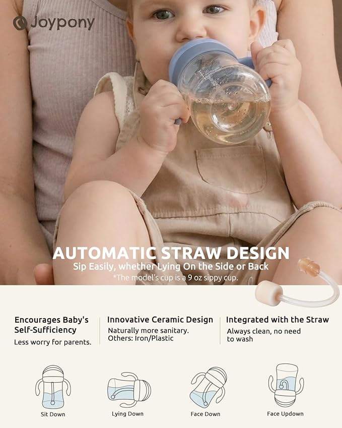 Joypony Sippy Cups for Toddlers 1-3, Spill Proof Weighted Straw Cup with Handle for Baby 6 Months + old, 2 Silicone Straws, PPSU, BPA Free, 6 oz (Blue)