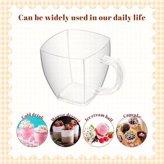 Amyhill 100 Pcs 5 oz Disposable Tea Cups Bulk with Handle Mini Hard Plastic Coffee Mug Square Disposable Espresso Cups for Tea Party Wedding Catering Dessert Sampling (Clear)