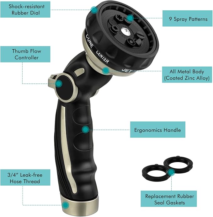 RESTMO High Pressure Hose Nozzle Sprayer, Heavy Duty Brass Head, Metal Water Hose Nozzle for Car Washing, Garden Cleaning, Lawn and Plant Watering, Adjustable Thumb Flow Control