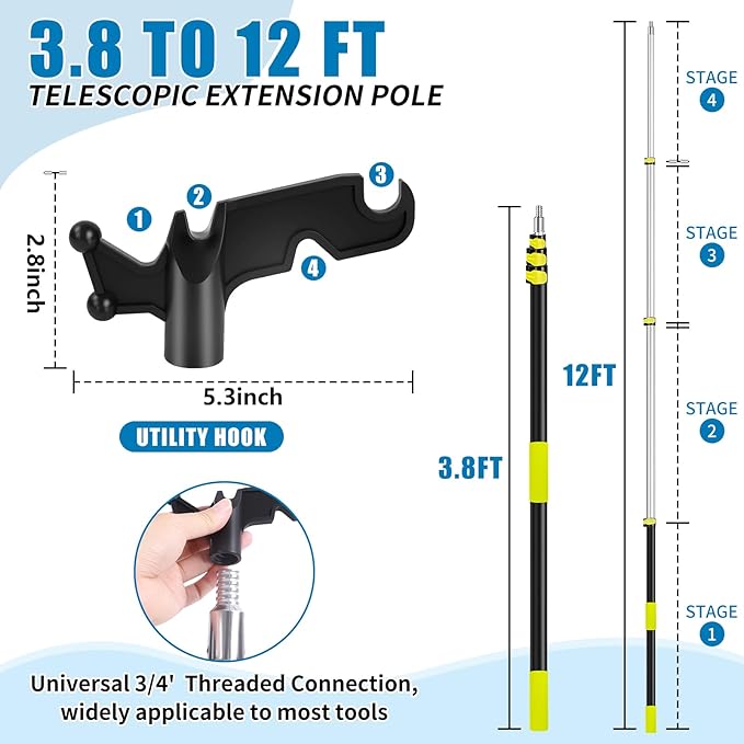 UQM 12 Ft Telescopic Extension Pole with Utility Hook, Telescoping Pole for Hanging Christmas Lights String Lights Birdfeeder, Heavy-Duty Christmas Light Pole Hanger Tool Tree Without Ladder