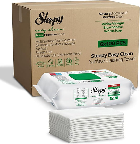 Sleepy Easy Clean XL Multi Surface Cleaning Wipes (600 Count) – Natural Vinegar & Baking Soda Formula – Jumbo 8"x8" All Purpose Wet Wipes for Kitchen, Bathroom, Glass & Electronics – No Streak