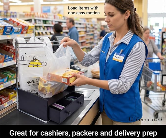 T-shirt Shopping Bag Holder Shopping Bag Dispenser, Grocery Store Plastic Bag Rack, Plastic Bag Organizer with Wooden Drawer Base for Grocery Store, Supermarket, Restaurant, Kitchen, Garage, Business