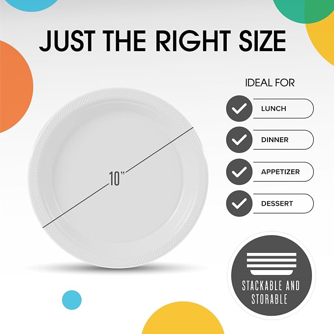 Exquisite Party Solids White Plastic Plates For Party Supplies 10" White Disposable Plates Heavy Duty 50 Pcs Plastic Dinnerware Sets Heavy Duty 350 GSM Disposable Dinnerware Set