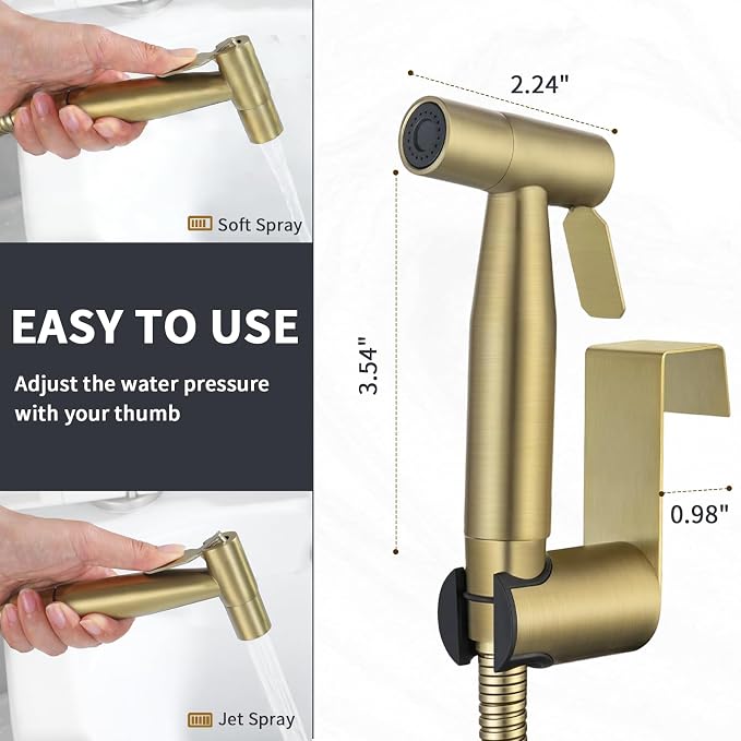 Brushed Gold Handheld Bidet Sprayer for Toilet, Stainless Steel Cloth Diaper Sprayer Kit with Solid Brass T-Valve, Adjustable Water Pressure Bidet Attachment