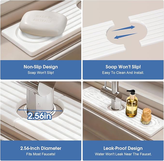 Kitchen Sink Faucet Mat, Water Absorbent Diatomite Stone Sink Tray, Diatomite Fast-Drying Faucet Mat, Prevents Moisture Buildup, Durable Protector for Bathroom Counter, White, 15.8" x 4"