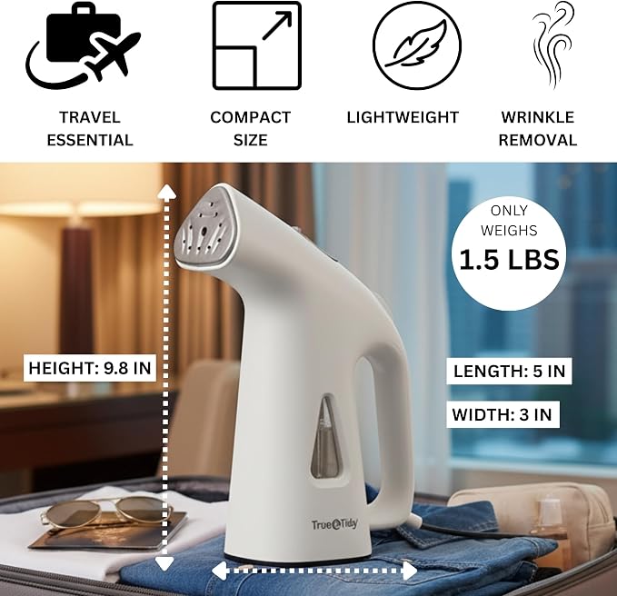 True & Tidy Compact Handheld Garment Steamer for Clothes, Travel Steamer with Stainless Steel Nozzle, 800 watts, White