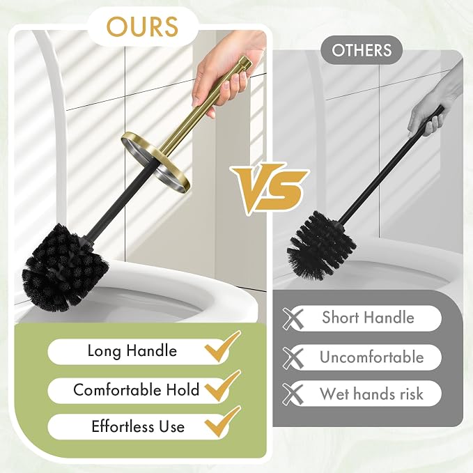 Toilet Bowl Brush and Holder Set 3 Pack with 6 Extra Brush Heads | Extra Long Handle with Splash Guard Cover, Tool-Free Installation, Bathroom Space-Saving, Cleaner Sets for Apartments, RV (Gold)