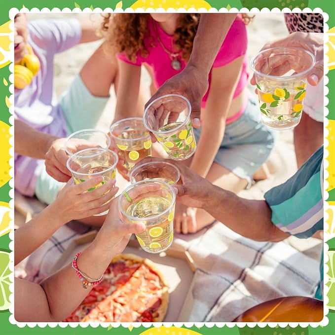 FoldTier 100 Pcs Lemon Plastic Cups with Lids and Straws 12oz, Disposable Lemon Drink Stand Cups for Birthday Wedding Bridal Baby Shower Supplies Summer Citrus Fruit Party Decorations