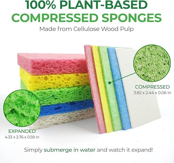AIRNEX Biodegradable Scrubbing Pads for Dishes - Pack of 24 Coconut Fiber Scrub Pads for Dishes - Non Scratch Scouring Pads for Pots and Pans with Pack of 16 Cellulose Compressed Sponges