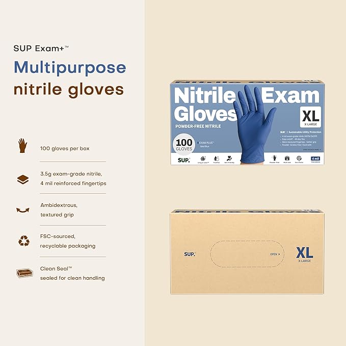 SUP Nitrile Exam Gloves, Powder-Free Latex-Free Food Safe Disposable Glove for Medical Lab Cooking Cleaning, Med Blue 1000 Ct