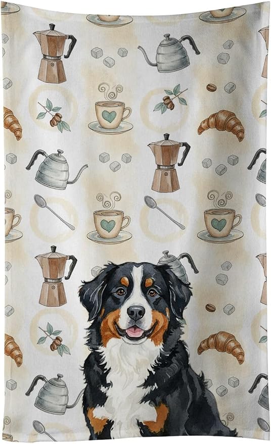 Caroline's Treasures Bernese Mountain Dog Coffee Bar Kitchen Towel Velour Plush Front and Cotton Loop Back Machine Washable