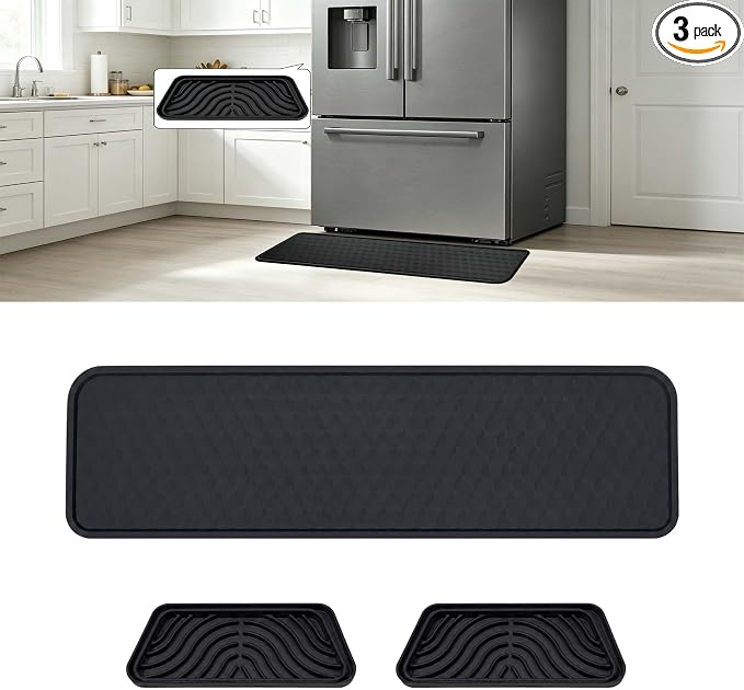 Refrigerator Leak Protection Set, 1 Under Fridge Mat (37.5" x 8.5") + 2 Silicone Refrigerator Drip Trays, Black Non-Slip Textured Floor Protector &Water Dispenser Tray