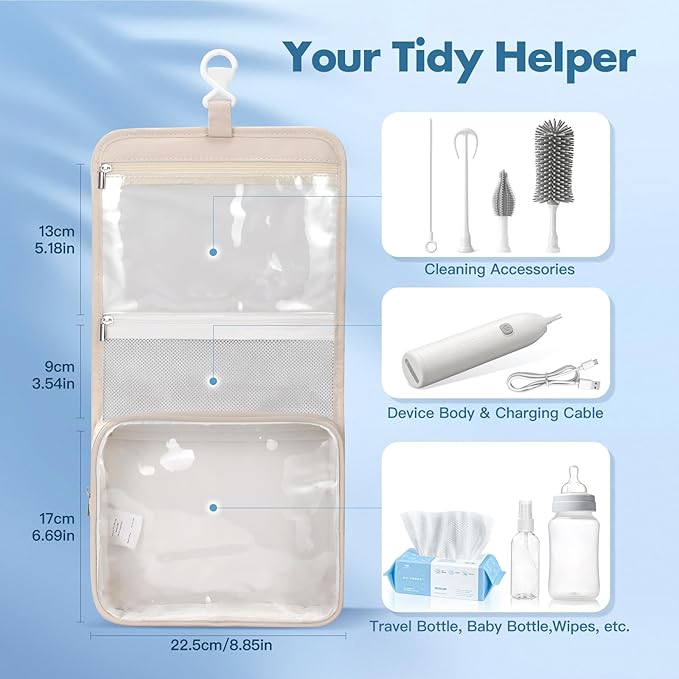 IvyWind Electric Bottle Brush Cleaner with Storage Bag, Electric Baby Bottle Brush Set with Silicone Bottle/Nipple/Straw Brush Soap Dispenser and Bottle Drying Rack for Home and Travel, White