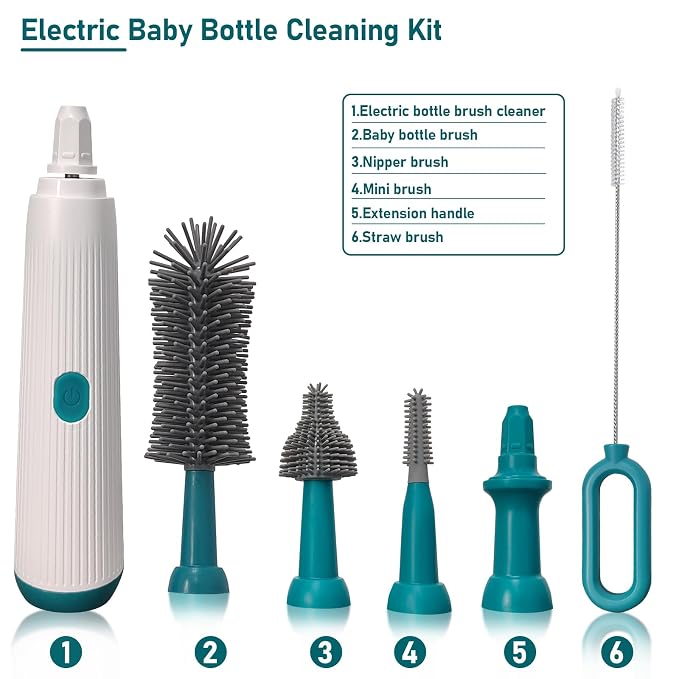 Electric Bottle Brush Set with Electric Bottle Brush Cleaner, 3 Replaceable Baby Bottle Brushes and Extension Handle. Silicone Bottle Brush, Waterproof, Perfect Baby Essentials(Dark Green)