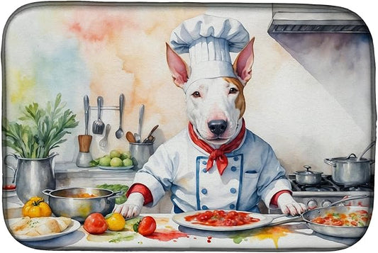 Caroline's Treasures DAC6223DDM Bull Terrier The Chef Dish Drying Mat Absorbent Dish Drying Mat Pad for Kitchen Counter Dish Drainer Mat for Countertop, 14 x 21", Multicolor